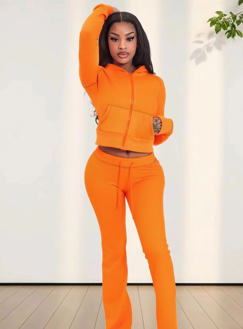 Есенно-зимен моден комплект от две части в спортен стил Дамски ежедневни суичър с качулка с плътен цип Панталони с тромпет Комплект от две части Дамски