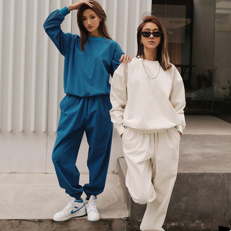 Дамски суитшърт с дълги ръкави, есен 2024 г., с кръгла яка, едноцветен комплект суичър с качулка Ежедневни женски спортни панталони Комплекти от две части