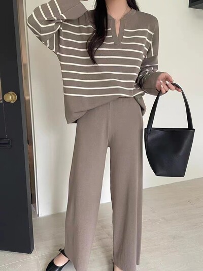 Set de pantaloni de pulover de femeie, tricotat de iarnă, pulovere casual, costume cu mânecă lungă, toamnă, topuri, pantaloni de pulover eleganti cu dungi elastice