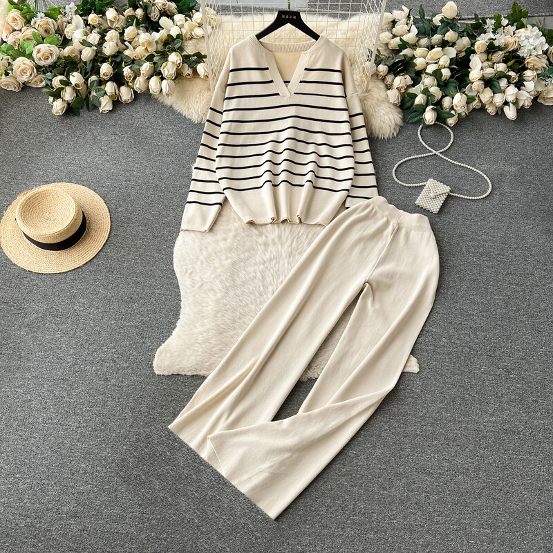 Дамски комплект пуловер панталони Зимни плетени ежедневни пуловери Костюми с дълъг ръкав Есен Свободни горнища Елегантни суичъри на ластични райета