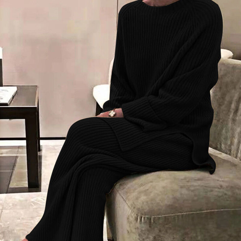 Jocoo Jolee Дамски свободен плетен пуловер костюм Едноцветен пуловер с О деколте Панталон с широки крачоли Костюм Есен Зима Комплект от 2 части Домашно облекло