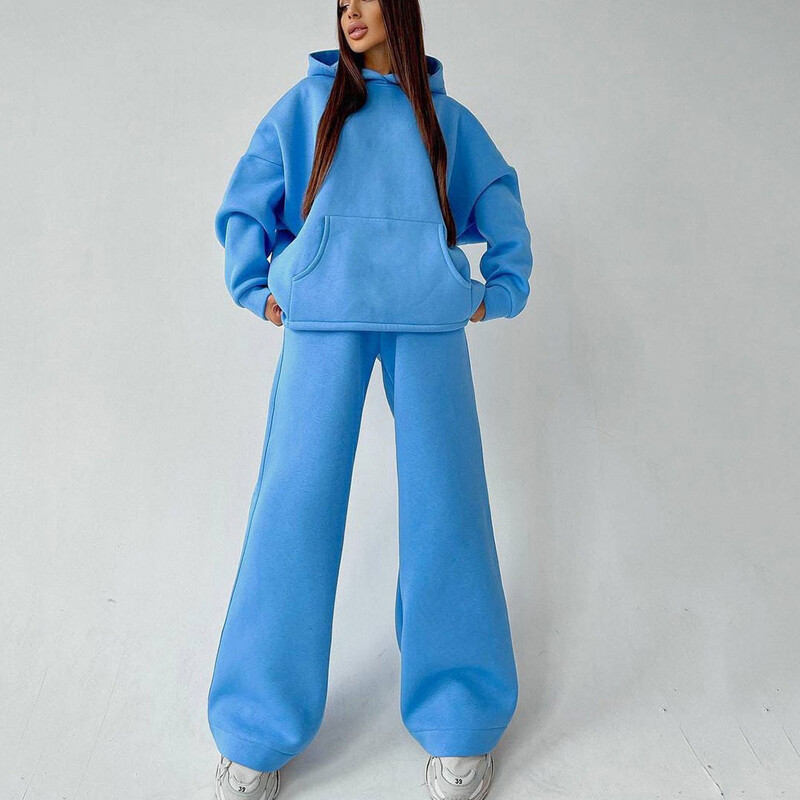Дамски комплект спортни панталони и качулка Голям анцуг Комплект от две части Пуловер с качулка Панталони с широки крачоли Костюм Извънгабаритни екипи