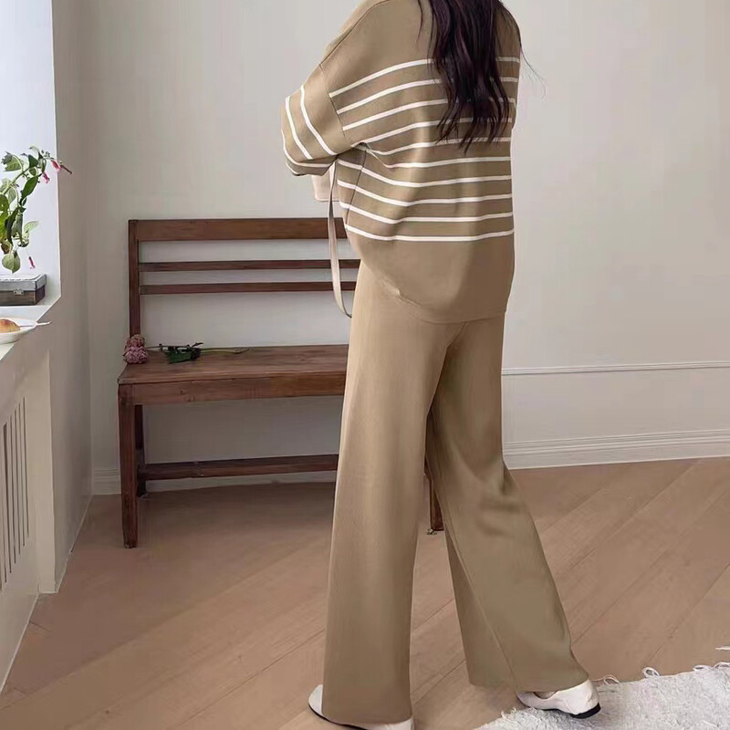 Есенно-зимен ежедневен елегантен суичър с качулка, плетен свободен горнище с дълъг ръкав на райета Еластичен комплект панталони с широки крачоли и еластична талия