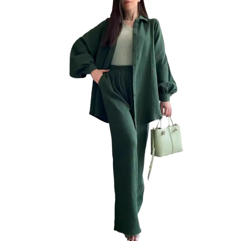 Есен/зима 2023 г. Нов дамски комплект от 2 части, горна част с копчета с дълъг ръкав, панталон с еластична талия, комплект рокли в ежедневен стил