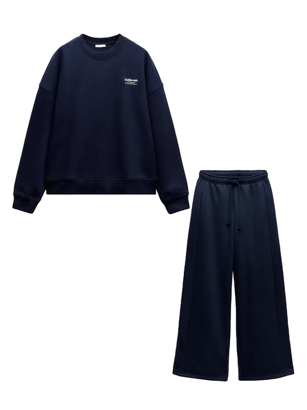 TRAF Дамски моден комплект панталони Есенен суичър с щампа с букви и кръгло деколте Едноцветни прави панталони Нови ежедневни дамски