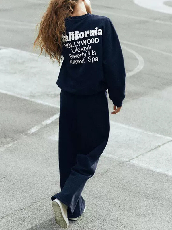 TRAF Дамски моден комплект панталони Есенен суичър с щампа с букви и кръгло деколте Едноцветни прави панталони Нови ежедневни дамски