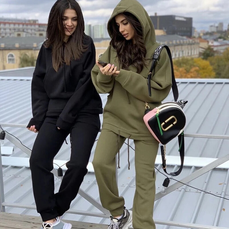 Поларен пуловер Комплект от две части Есенни дамски анцузи Овърсайз суичър с качулка и панталони Ежедневен спортен костюм Зимен 2 части