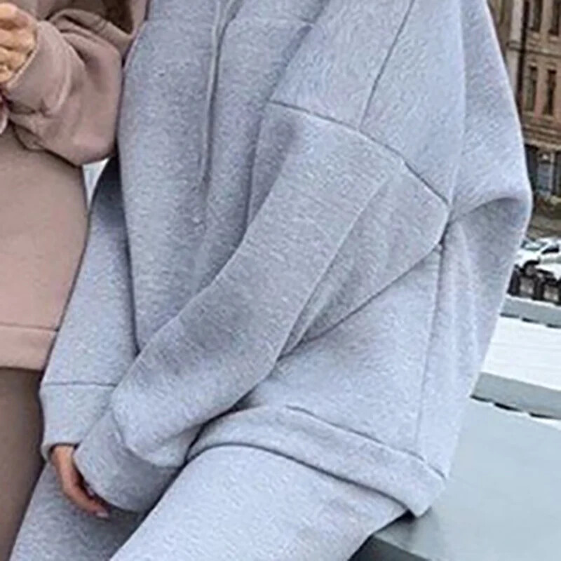 Поларен пуловер Комплект от две части Есенни дамски анцузи Овърсайз суичър с качулка и панталони Ежедневен спортен костюм Зимен 2 части
