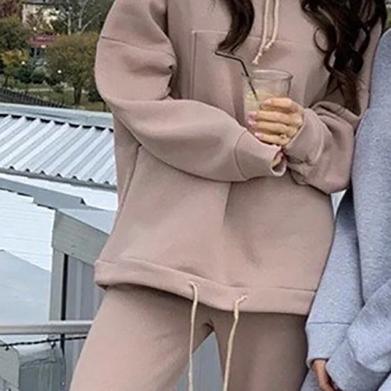 Поларен пуловер Комплект от две части Есенни дамски анцузи Овърсайз суичър с качулка и панталони Ежедневен спортен костюм Зимен 2 части