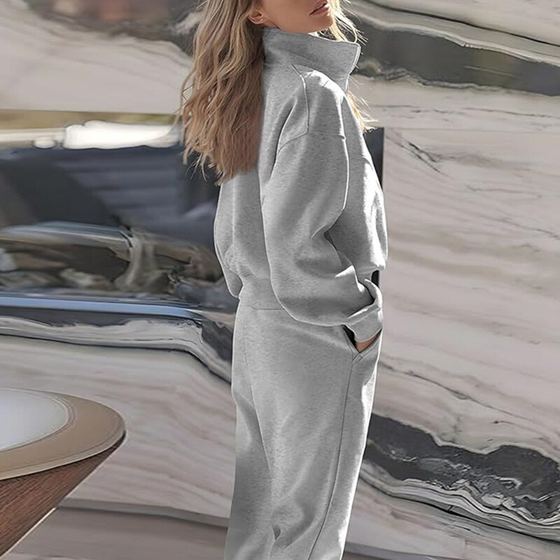 Ежедневен дамски пуловер с яка и дълги ръкави, есен, зима, плътен суичър, едноцветно облекло, модни спортни комплекти от улицата