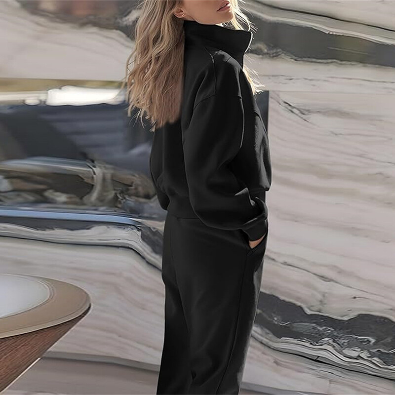 Ежедневен дамски пуловер с яка и дълги ръкави, есен, зима, плътен суичър, едноцветно облекло, модни спортни комплекти от улицата