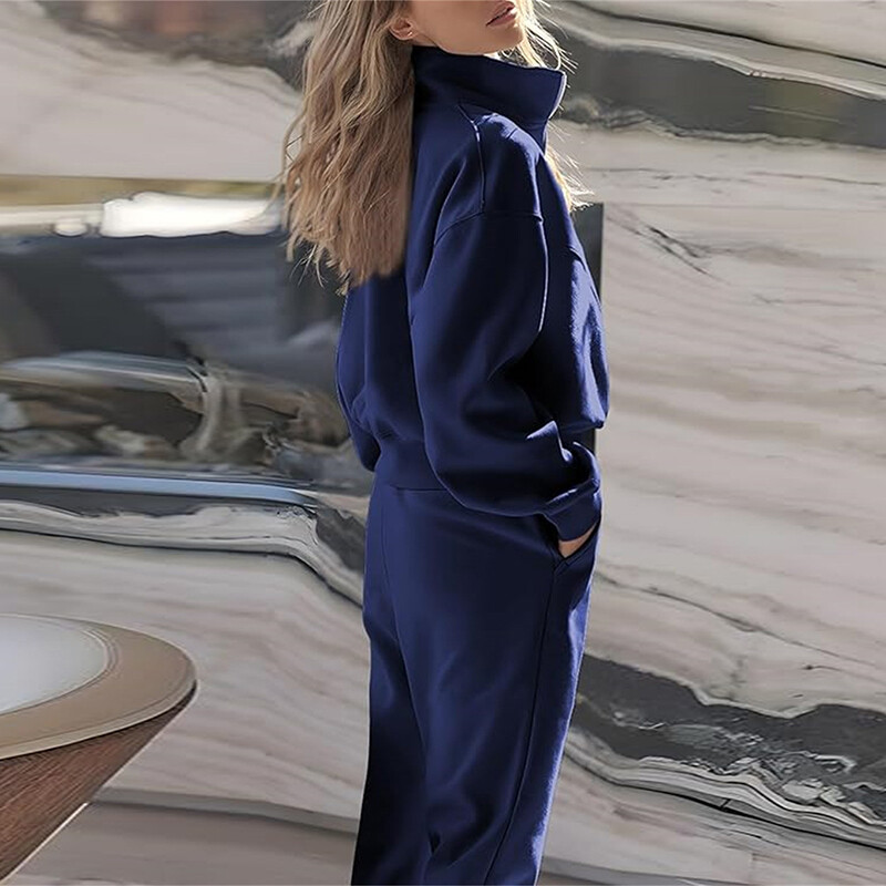 Ежедневен дамски пуловер с яка и дълги ръкави, есен, зима, плътен суичър, едноцветно облекло, модни спортни комплекти от улицата