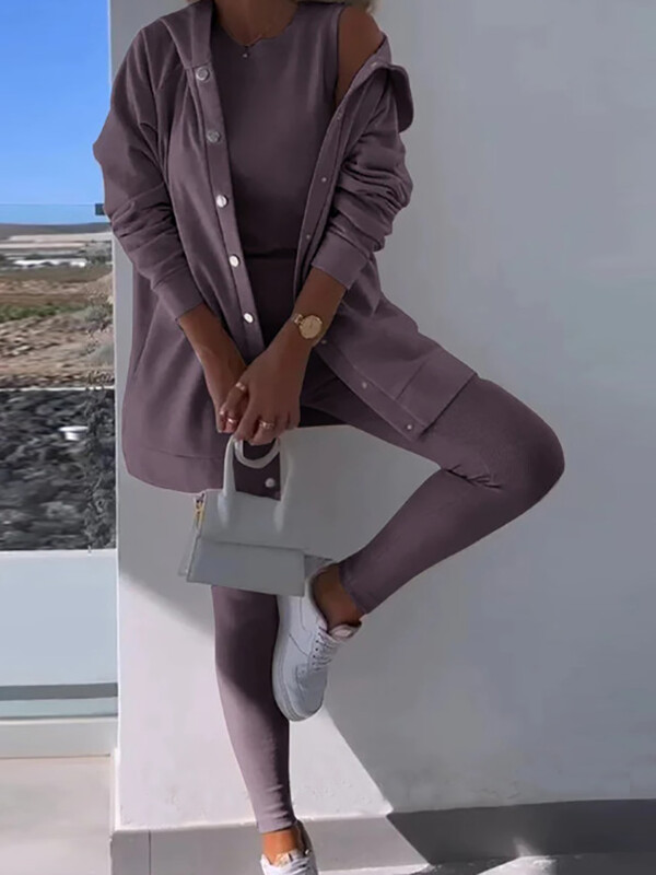 Комплекти дълги палта с О-образно деколте, съвпадащи комплекти, Дамско пролетно лятно едноцветно облекло от три части, Модни елегантни дамски костюми за 2024 г.