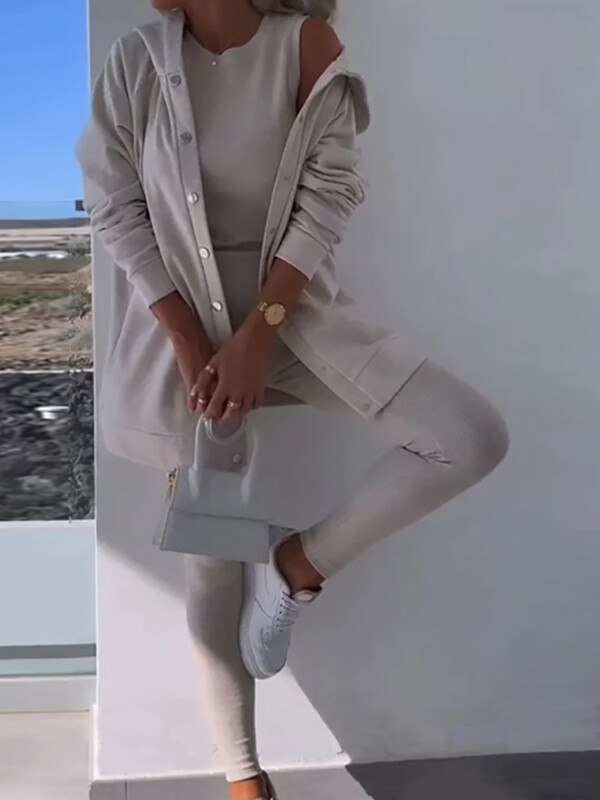 Комплекти дълги палта с О-образно деколте, съвпадащи комплекти, Дамско пролетно лятно едноцветно облекло от три части, Модни елегантни дамски костюми за 2024 г.