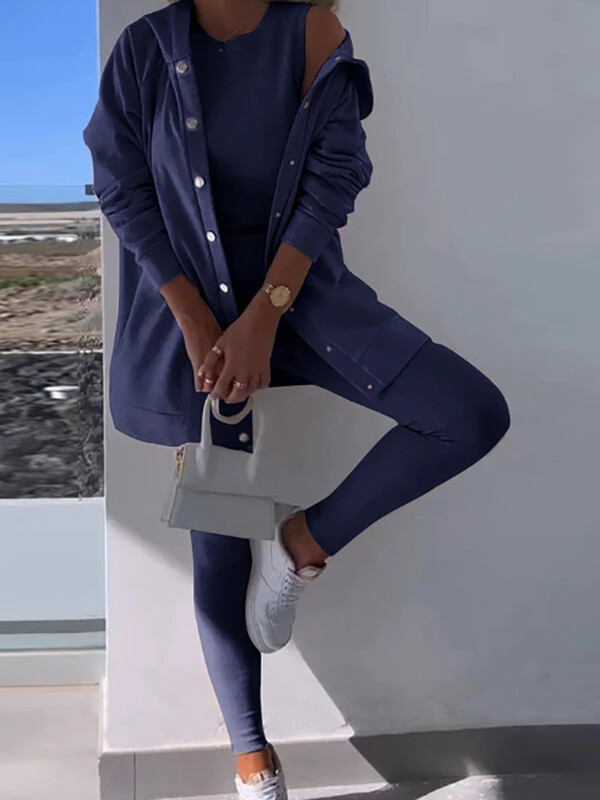 Комплекти дълги палта с О-образно деколте, съвпадащи комплекти, Дамско пролетно лятно едноцветно облекло от три части, Модни елегантни дамски костюми за 2024 г.