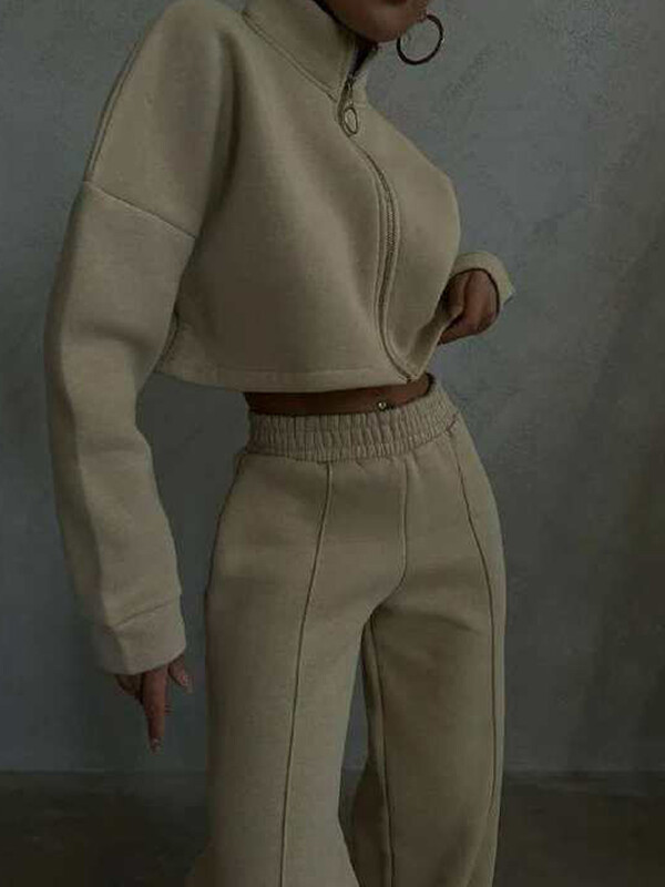 Есенен и зимен пуловер с цип Горнище с дълъг ръкав и комплект широки панталони Дамски едноцветни суичъри с яка и стойка Облекла Y2k