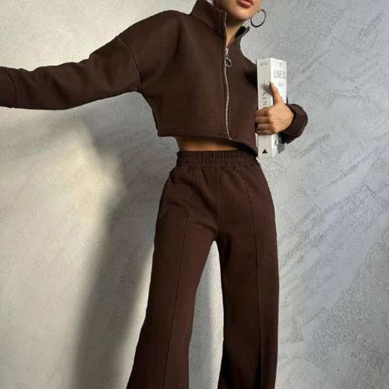 Есенен и зимен пуловер с цип Горнище с дълъг ръкав и комплект широки панталони Дамски едноцветни суичъри с яка и стойка Облекла Y2k