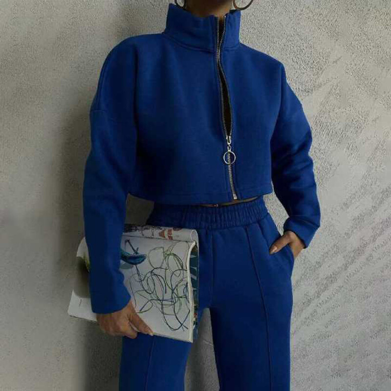 Есенен и зимен пуловер с цип Горнище с дълъг ръкав и комплект широки панталони Дамски едноцветни суичъри с яка и стойка Облекла Y2k