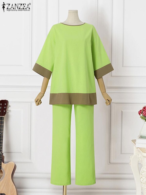 Модни дамски ежедневни комплекти с елегантни панталони 2024 Пролет Лято Свободни тоалети ZANZEA Голям дамски празничен плътен анцуг от пачуърк