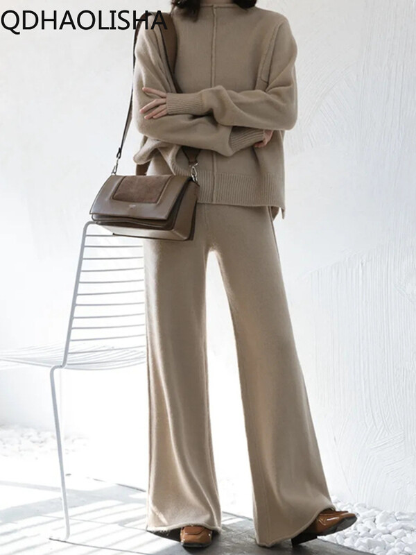 Дамски комплекти от две части Есенно-зимни широки панталони с висока талия Плетен пуловер Елегантен горнище с О деколте и дълъг ръкав Ежедневни комплекти топли панталони
