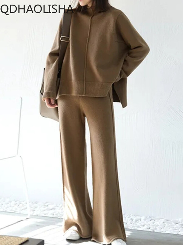 Дамски комплекти от две части Есенно-зимни широки панталони с висока талия Плетен пуловер Елегантен горнище с О деколте и дълъг ръкав Ежедневни комплекти топли панталони
