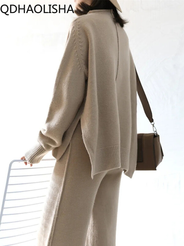 Дамски комплекти от две части Есенно-зимни широки панталони с висока талия Плетен пуловер Елегантен горнище с О деколте и дълъг ръкав Ежедневни комплекти топли панталони