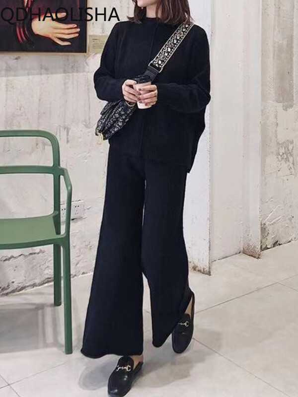 Дамски комплекти от две части Есенно-зимни широки панталони с висока талия Плетен пуловер Елегантен горнище с О деколте и дълъг ръкав Ежедневни комплекти топли панталони