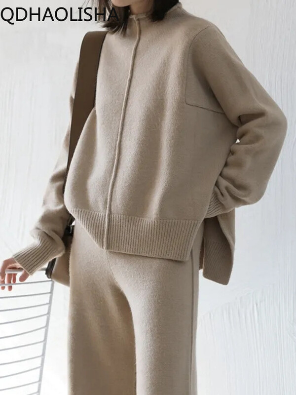 Дамски комплекти от две части Есенно-зимни широки панталони с висока талия Плетен пуловер Елегантен горнище с О деколте и дълъг ръкав Ежедневни комплекти топли панталони