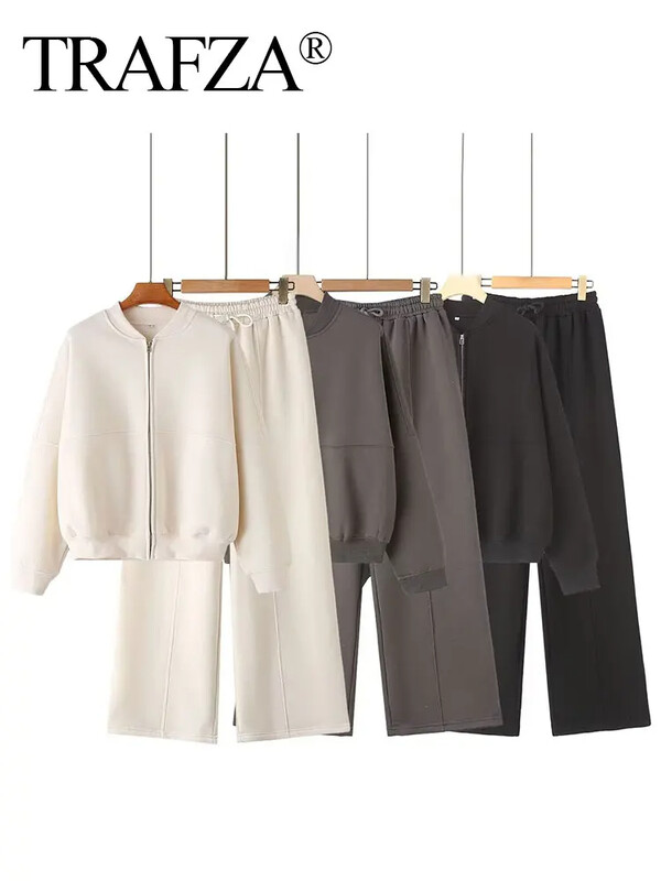 TRAFZA 2024 Есенно дамско дебело палто с качулка + шнур с висока талия Свободен ежедневен комплект панталони Подплатено поларено дамско облекло Street