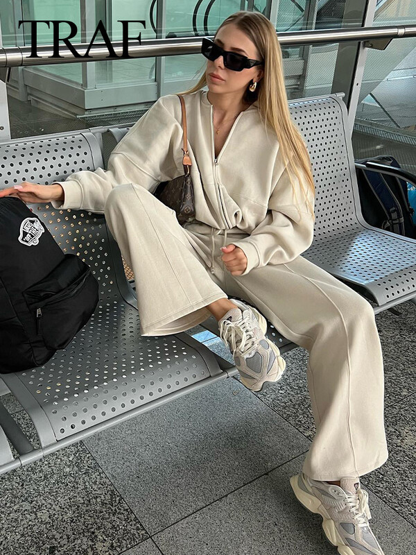 TRAFZA 2024 Есенно дамско дебело палто с качулка + шнур с висока талия Свободен ежедневен комплект панталони Подплатено поларено дамско облекло Street