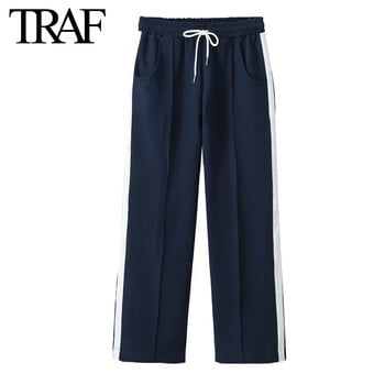 TRAF Women Fashion Ανοιξιάτικο Νέο ριγέ μακρυμάνικο μπουφάν μπουφάν με φερμουάρ Chic γυναικείο ψηλόμεσο παντελόνι τζόκινγκ Σετ δύο τεμαχίων