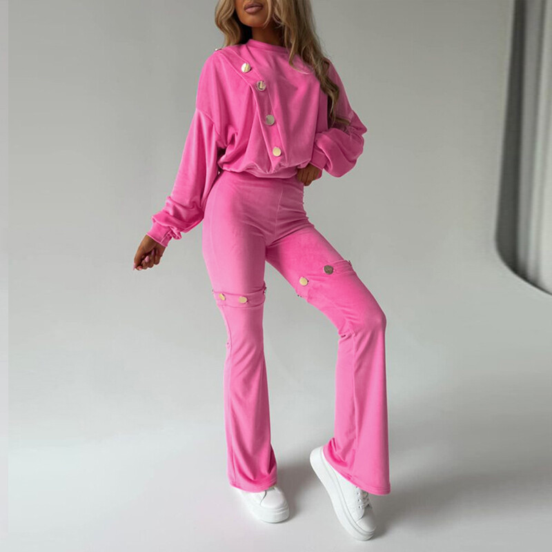 Дамски пуловер с О-образно деколте с дълъг ръкав и костюм с панталон Есен Ежедневни спортни комплекти от две части Елегантни розово-червени кадифени тънки тоалети