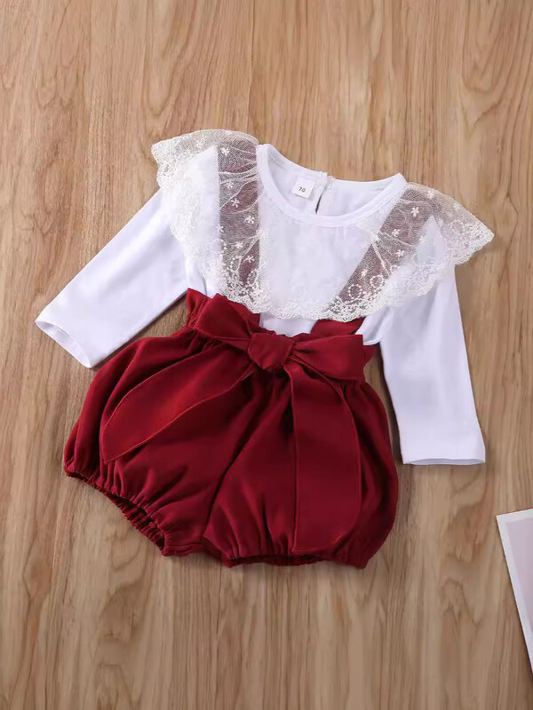  Детски костюм бебе момиче дантелени горни къси панталони с дълги ръкави две части