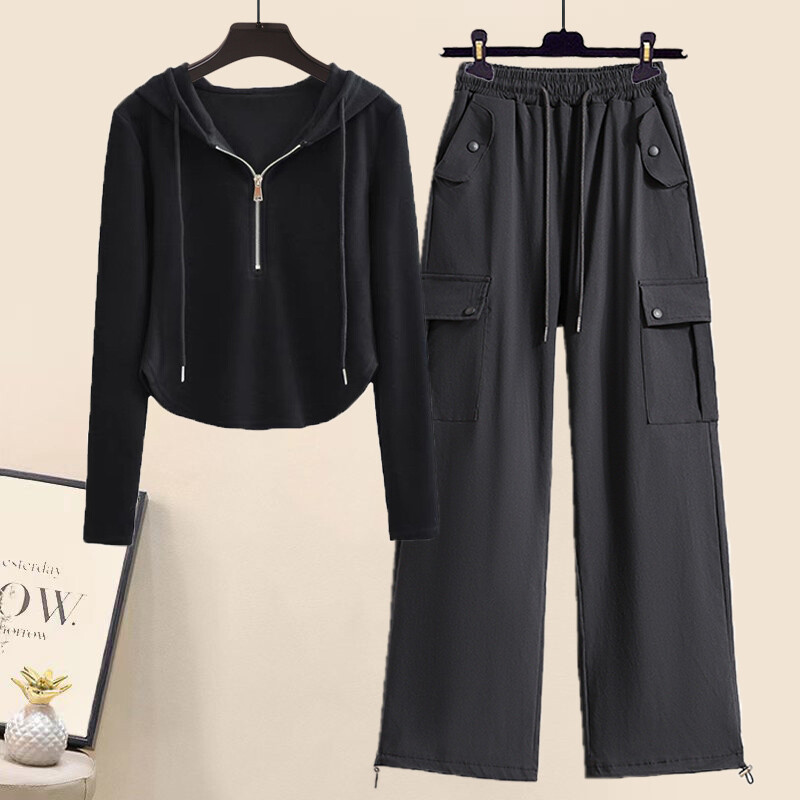 Дамско есенно спортно облекло Анцузи 2024 г. Модни качулки с дълъг ръкав, цип, плътни суичъри + висока талия, комплекти ретро карго панталони