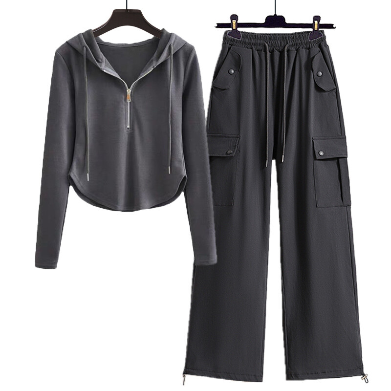 Дамско есенно спортно облекло Анцузи 2024 г. Модни качулки с дълъг ръкав, цип, плътни суичъри + висока талия, комплекти ретро карго панталони