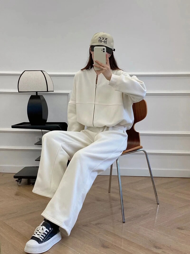 XNWMNZ 2024 Дамски моден суитчър тип бомбер с цип или еластични плюшени панталони с висока талия Универсален женски комплект от две части