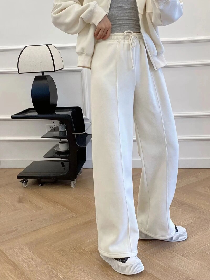 XNWMNZ 2024 Дамски моден суитчър тип бомбер с цип или еластични плюшени панталони с висока талия Универсален женски комплект от две части