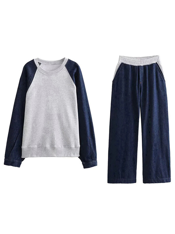 TRAF Дамски суичър с деним със снаждане с кръгла яка + панталони с висока талия Collision Нов комплект панталони Ежедневно дамско облекло