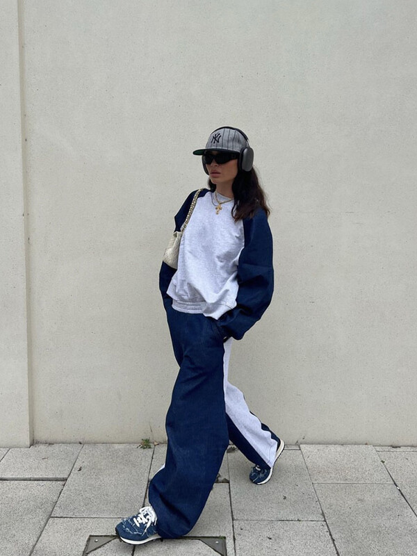 TRAF Дамски суичър с деним със снаждане с кръгла яка + панталони с висока талия Collision Нов комплект панталони Ежедневно дамско облекло