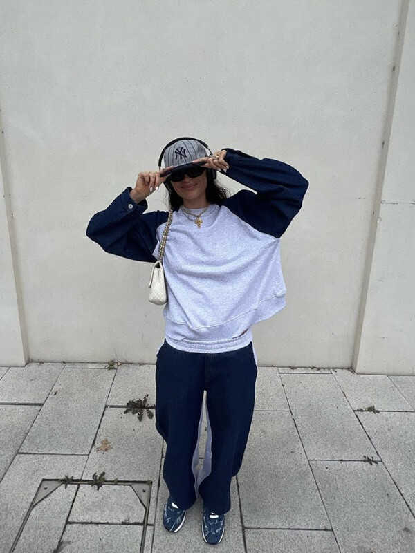 TRAF Дамски суичър с деним със снаждане с кръгла яка + панталони с висока талия Collision Нов комплект панталони Ежедневно дамско облекло