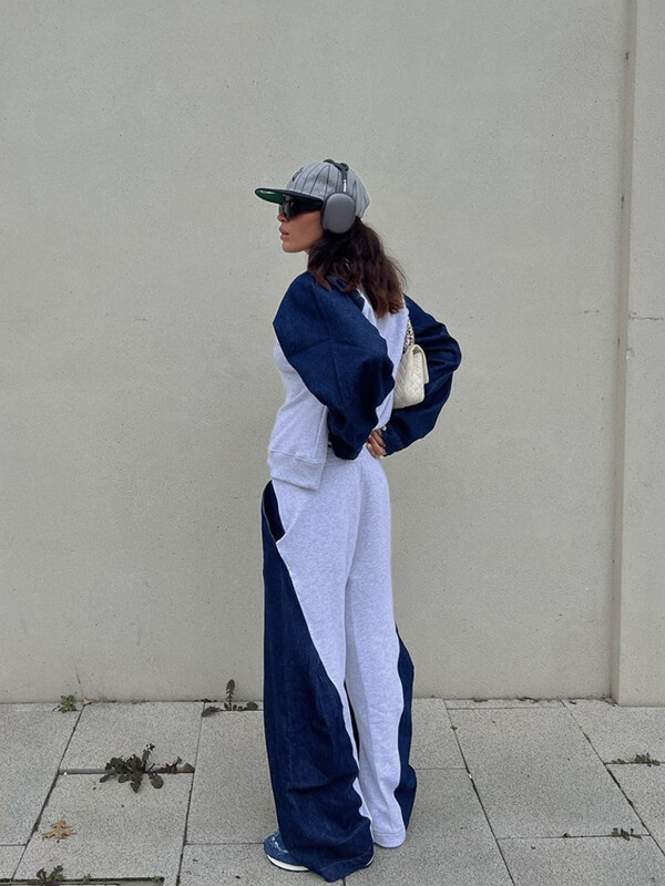 TRAF Дамски суичър с деним със снаждане с кръгла яка + панталони с висока талия Collision Нов комплект панталони Ежедневно дамско облекло