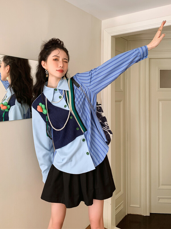 Дамски ризи Улично облекло Корейски стил Апликации Ежедневни ученички Разпространена мода Уютни ревери Тренировка Пачуърк Прекрасен шик