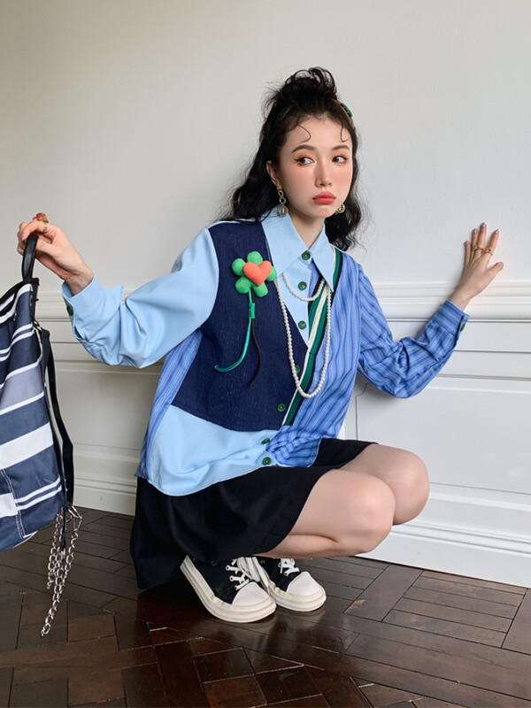 Дамски ризи Улично облекло Корейски стил Апликации Ежедневни ученички Разпространена мода Уютни ревери Тренировка Пачуърк Прекрасен шик