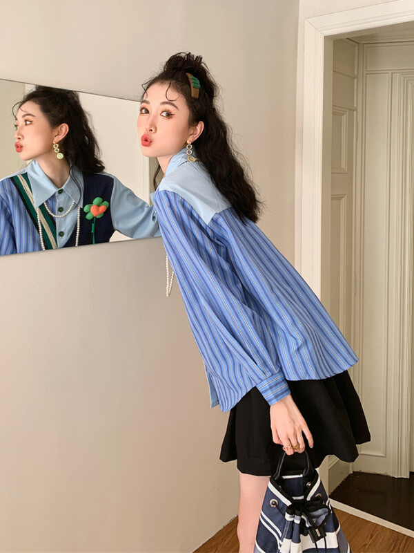 Дамски ризи Улично облекло Корейски стил Апликации Ежедневни ученички Разпространена мода Уютни ревери Тренировка Пачуърк Прекрасен шик