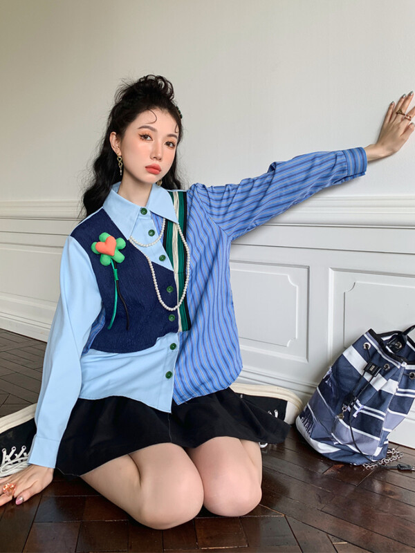 Дамски ризи Улично облекло Корейски стил Апликации Ежедневни ученички Разпространена мода Уютни ревери Тренировка Пачуърк Прекрасен шик