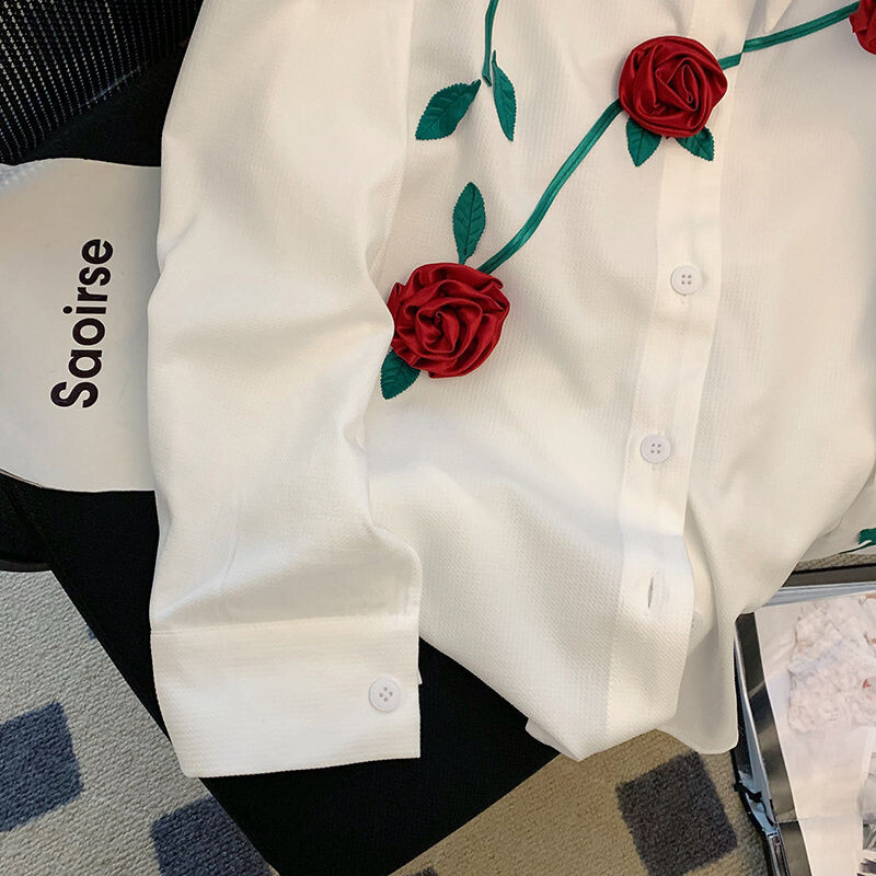2023 Нова пролет и есен модерен темперамент романтична триизмерна роза Мъжка ежедневна свободна дизайнерска ниша риза