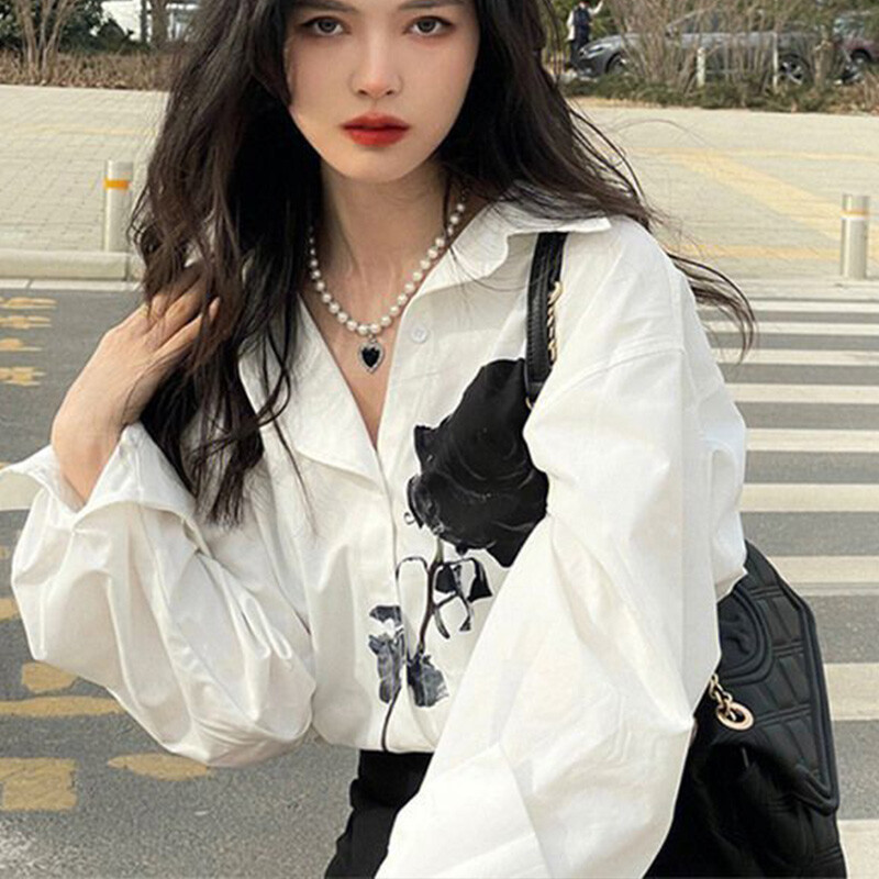 Есенна модна щампа с отложна яка, блуза с дълъг ръкав Дамско облекло, прости копчета, свободна блуза Femme Trend Top Tee