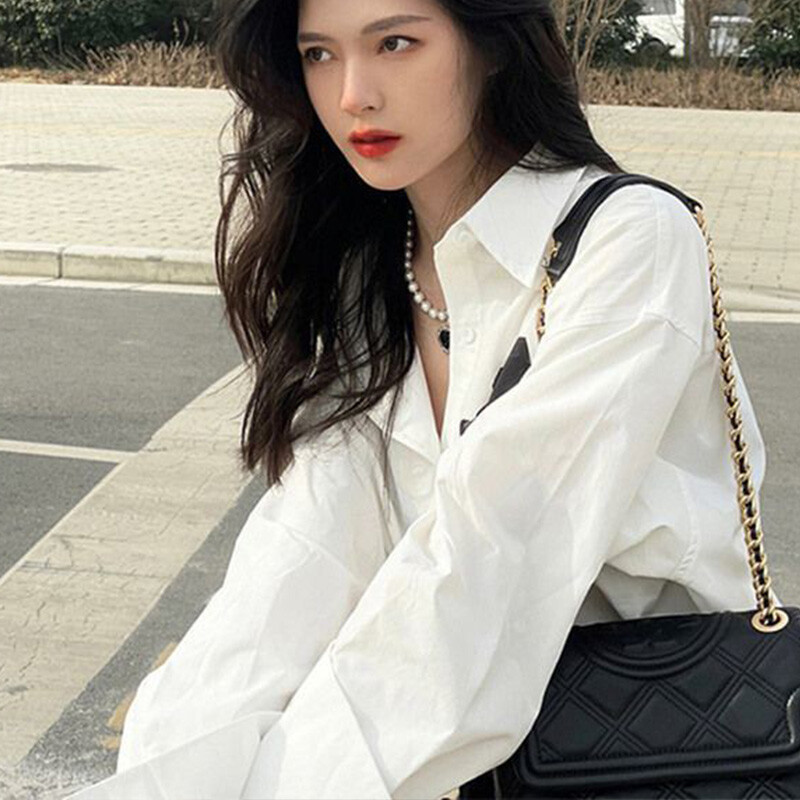 Есенна модна щампа с отложна яка, блуза с дълъг ръкав Дамско облекло, прости копчета, свободна блуза Femme Trend Top Tee