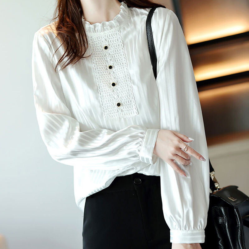 Елегантни блузи с щампа с яка и копчета с волани Раирани блузи Есен 2022 Ново дамско облекло за пътуване до работното място Свободна универсална корейска риза