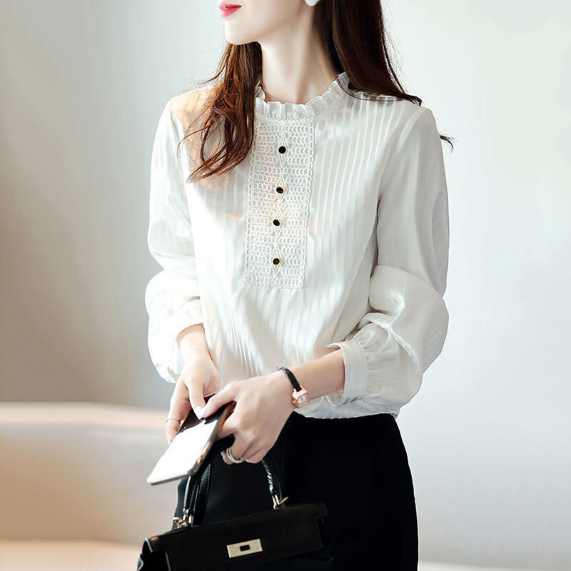 Елегантни блузи с щампа с яка и копчета с волани Раирани блузи Есен 2022 Ново дамско облекло за пътуване до работното място Свободна универсална корейска риза